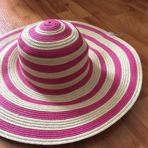 Pink & Tan Straw Striped Large Floppy Sun Hat